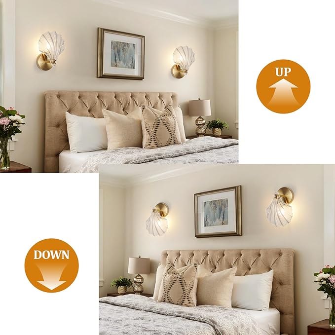 Gold Wall Sconces for Bathroom, Vanity Light Fixtures, Modern Sconces Wall Lights with Clear Shell Shaped Glass Shades, Bathroom Light Fixtures for Living Room, Bedroom, Hallway, mirror, Kitchen, E12