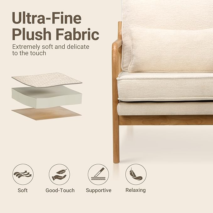 COLAMY Mid Century Modern Accent Chair with Lumbar Pillow, Relaxing Armchair with Solid Wood Frame & Soft Cushion, Reading Leisure Chair for Living Room,Bedroom,Waiting Room（Beige）