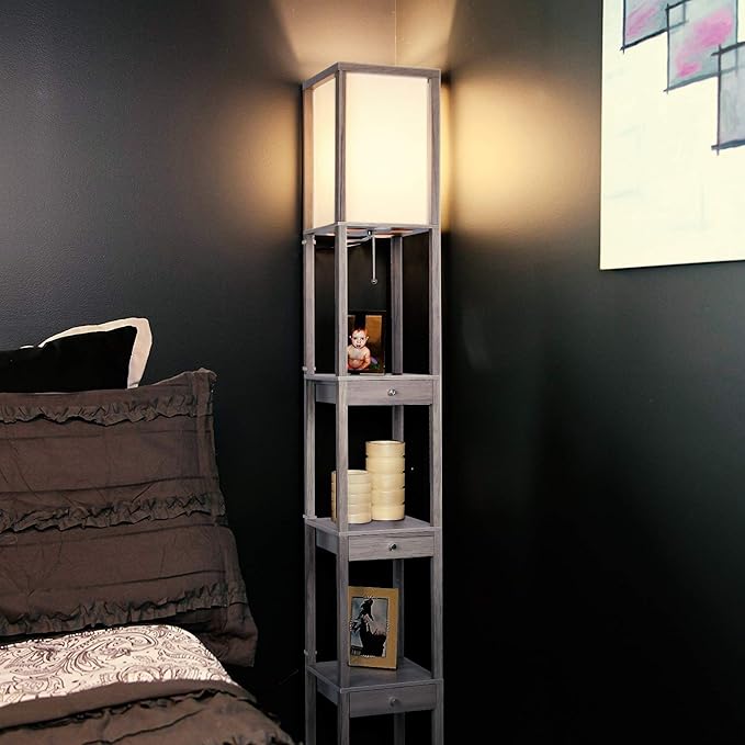 Brightech Maxwell Drawer Edition - Modern Shelf Floor Lamp with Drawer - Corner Display Floor Lamps with Shelves for Living Room, Bedroom and Office - Rustic Wood