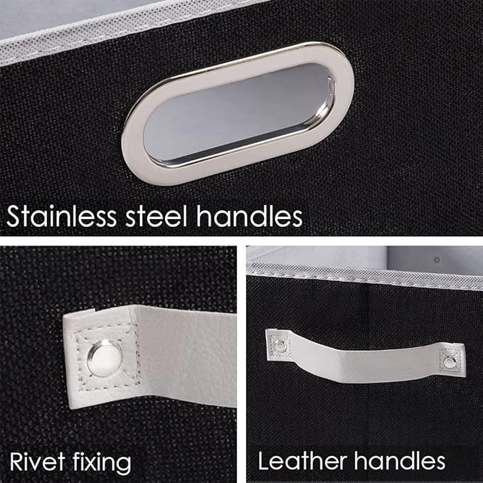 PRANDOM Fodable Storage Baskets for Closet [5-Pack] Decorative Fabric Storage Bins Cubes with Leather/Metal Handles for Shelves Bedroom Living Room Black (11.5x8.5x6.7 Inch)