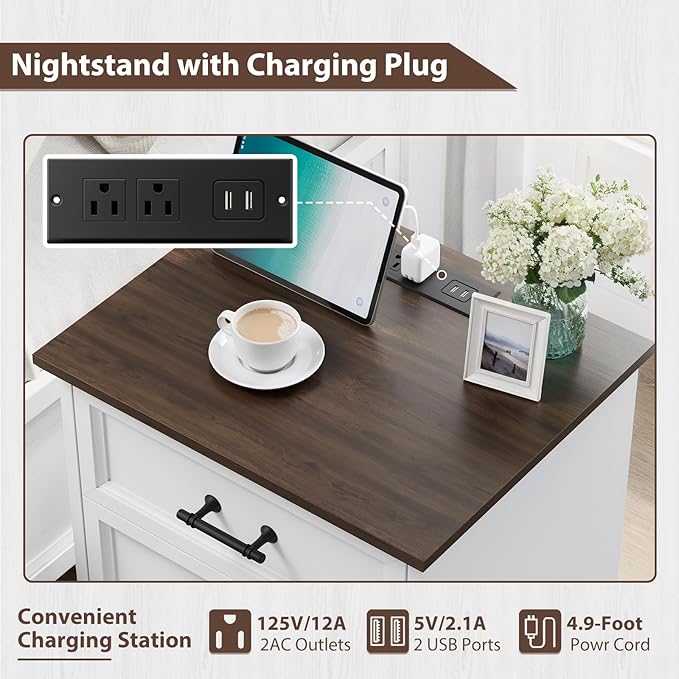 Farmhouse Nightstand with Charging Station, 19.7" End Table with 3 Drawers Storage, White Wooden Night Stand, Bedside Table with Unique Base Design, 3 Drawer Dresser for Bedroom, Living Room