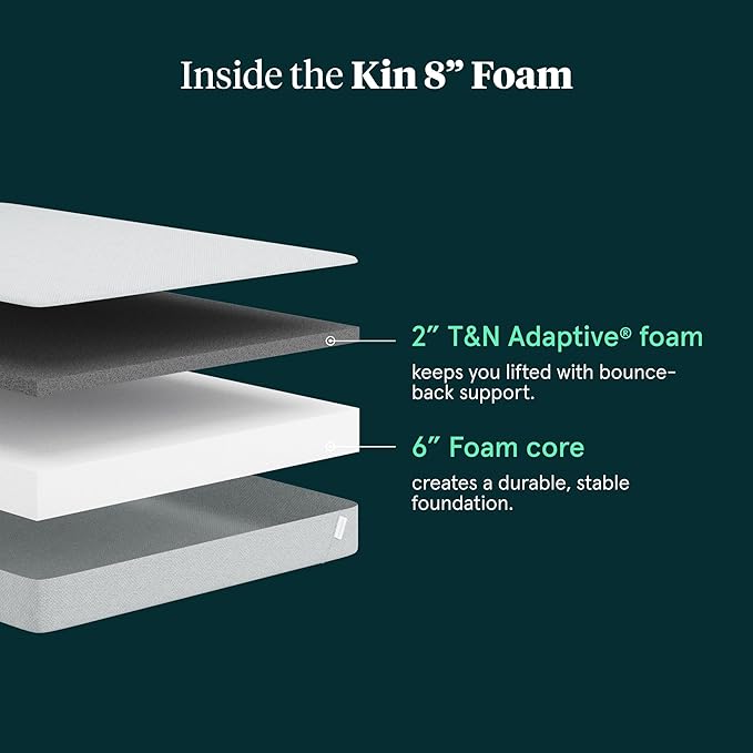 Kin By Tuft & Needle Firm 8" Queen Adaptive Foam Mattress in a Box, Cooling Pressure Relief, Balanced Support, 100 Night Trial, Fiberglass-Free, CertiPUR-US, 10-Year Limited Warranty