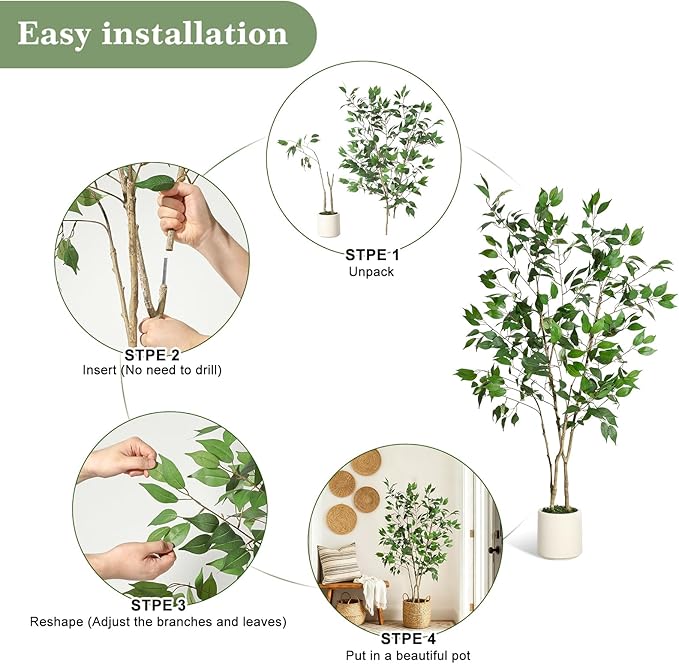 5FT Ficus Trees Artificial Indoor, Faux Silk Plant with Natural Wood Trunk and Lifelike Fruits, White Imitation Ceramic Planter with Green Fake Moss for Modern Home Office Living Room Decor