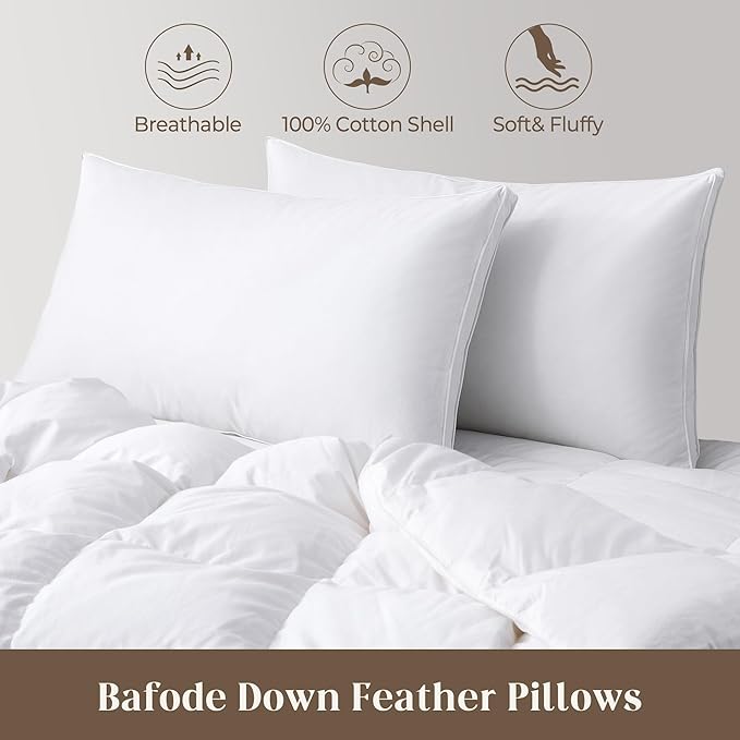 Goose Feathers and Down Pillows, Pillows Queen Size Set of 2, Cotton Cover,Gusseted Hotel Collection Bed Pillow for Back, Stomach or Side Sleepers