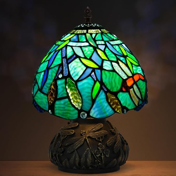 Small Tiffany Stained Glass Lamp, 3 Color Temperatures Bedside Lamp, 8 Inch Mushroom Desk Light for Bedroom Living Room Office Home Decor (Wheat Pattern)