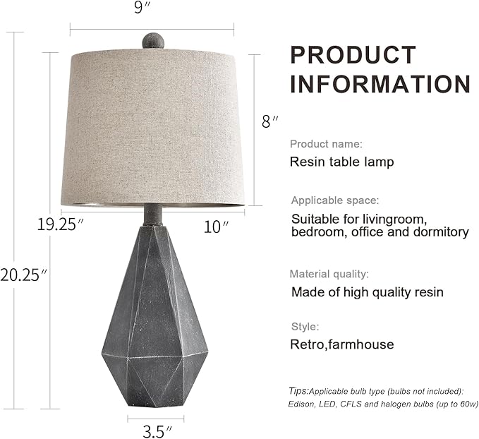 PoKat 20.25" Rustic Farmhouse Table Lamp Sets of 2 for Living Room Bedroom Deep Grey Contemporary Classic Bedside Nightstand Lamp with White Fabric Shade, Suitable for Small Place