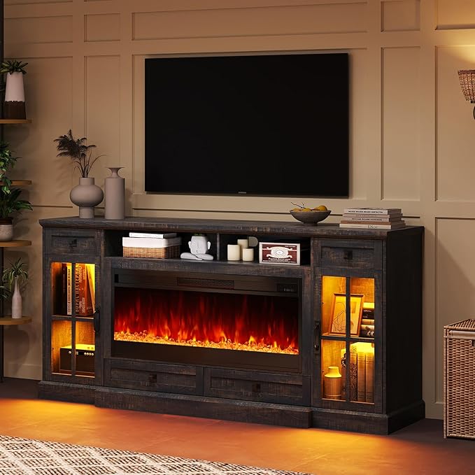 AMERLIFE 70“ Fireplace TV Stand for 80 Inch TV, Farmhouse TV Stand with 42" Fireplace & LED Lights, Entertainment Center with Storage Drawers & Cabinets, Dark Rustic Oak
