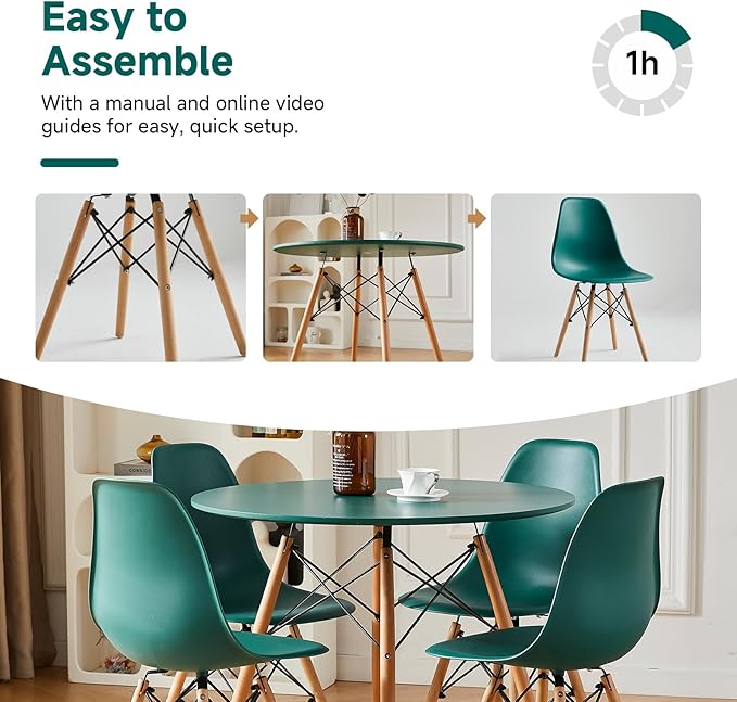Round Dining Table Set for 4 31.5" Wood Dinner Table Circle Dining Table Kitchen Table Chairs Set of 4 with Wood Strip Base for Kitchen Living Room Space Saving Apartment(Green)