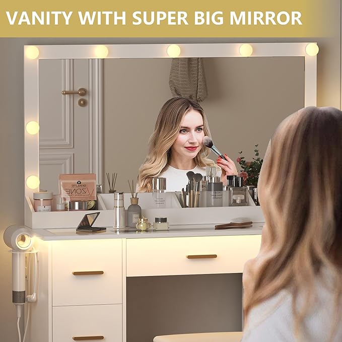 Makeup Vanity Desk with Large Lighted Mirror and Lights, Glass Top Vanity Table Set with 7 Drawers, Power Outlet & Storage Stool, Dressing Table with RGB Ambient Light for Women Girls Bedroom, White