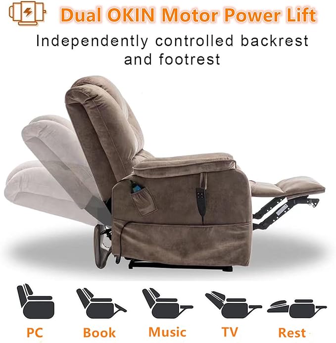 Lift Chair Recliner Lay Flat 180-Degree, Heavy Duty, Infinite Position Electric Recliner Chair Lift Chair with Massage and Heat, Dual Motor Power Stand Up Lifting Recliners for Seniors (Brown)