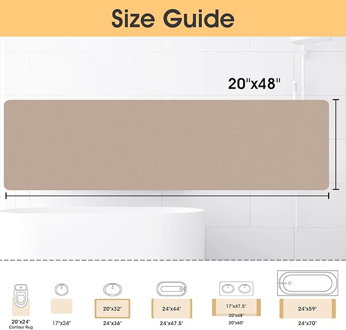 Ultra Thin Non-Slip Bath Mat Fit Under Door, Upgrade Backing Non Slip Bath Mat, Quick Dry Ultra Absorbent Bathroom Rugs, Machine Washable Bath Mats for Bathroom, Bathtub & Kitchen, Taupe, 48"x20"