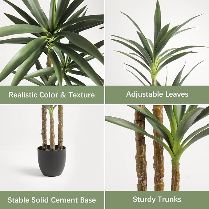 Artificial Tree 4.7Ft Faux Agave Plant with 3 Heads in Plastic Pot Fake Tree for Home Decor Indoor or Outdoor Office Decoration Housewarming Gift (4.7 Feet-2 Pack)