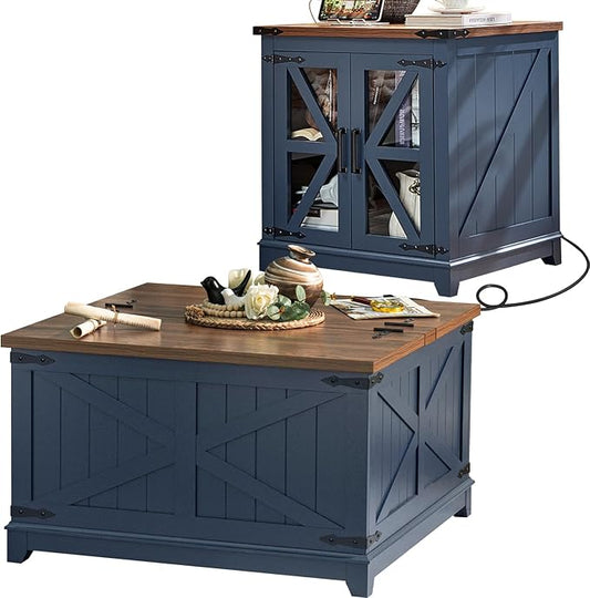 Farmhouse Coffee Table Sets 2 Pieces, Large End Side Tables with Charging Station and Coffee Table with Hidden Storage Compartment, Black Living Room Table Set, Wood Furniture Sets for Home Office