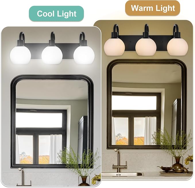 20.4 Inch Bathroom Vanity Light, 3-Light Black Vanity Lighting Fixture Over Mirror, Modern Wall Mounted Lamp with Milk White Globe Glass Shade
