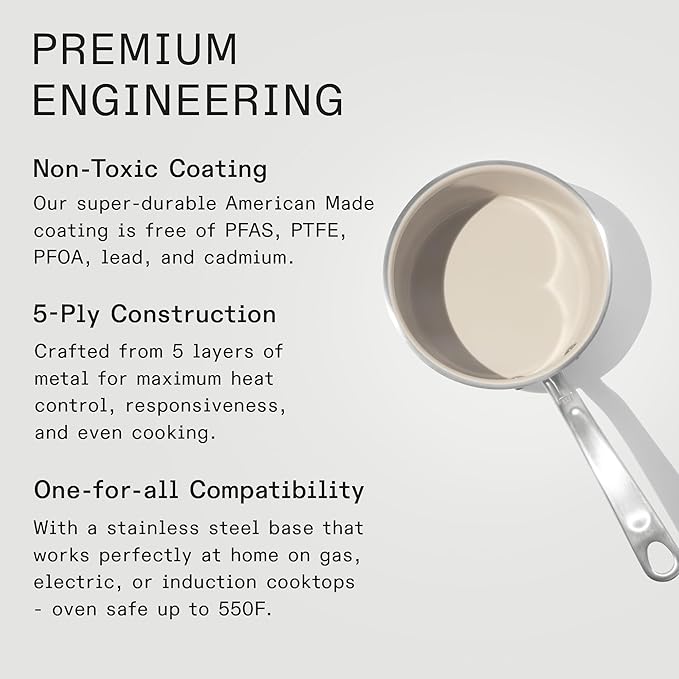 Made In Cookware - 2 QT Ceramic Non Stick Saucepan with Lid - 5-Ply Stainless Clad with Stay-Cool Handle - Professional Cookware - Crafted in Italy - Induction Compatible