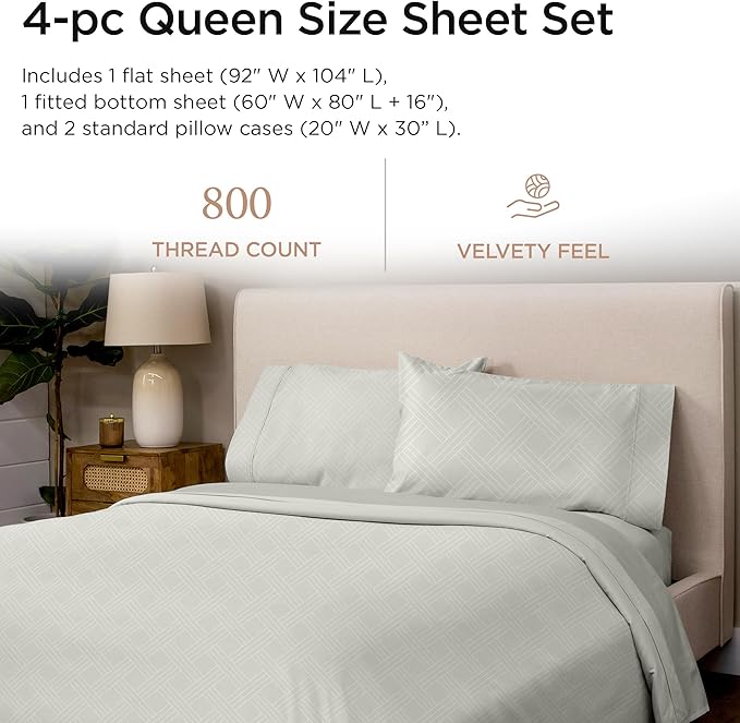 Threadmill Queen Sheet Set for Queen Mattresses | 800 Thread Count Jacquard Celine Light Grey | Better Than Egyptian Cotton | 4 Pc Bed Sheets | Elasticized Deep Pocket | 100% Cotton Queen Sheets