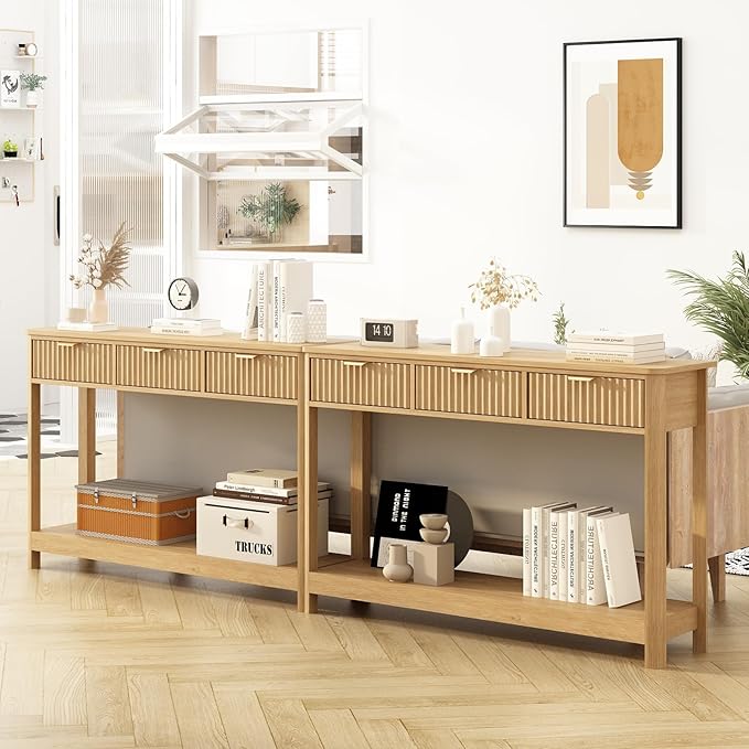 Fluted Console Table with Drawers, Modern 47.1" Entryway Table with Storage Shelf, Boho Narrow Skinny Behind Couch Wood Sofa Table for Living Room Hallway Entrance Foyer, Natural
