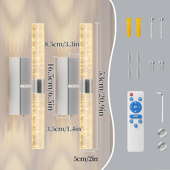Battery Operated Sliver Wall Sconces Set of 2 Rechargeable Battery Powered Wall Light with 12000mAh Not Hardwired Dimmable Wall Lamp Fixtures for Bedroom Living Room 20.9 Inches