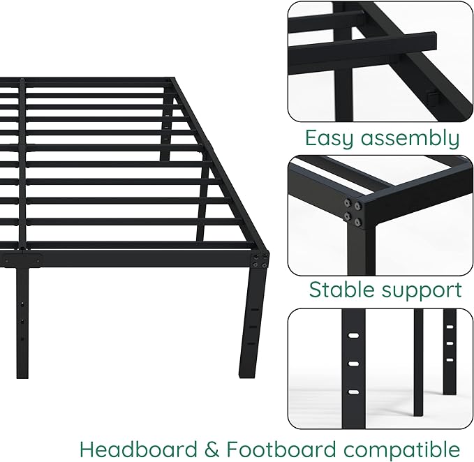 18 Inch Full Size Bed Frame Heavy Duty Metal Platform No Box Spring Needed, Maximum Storage, Easy Assembly, Noise Free, Black