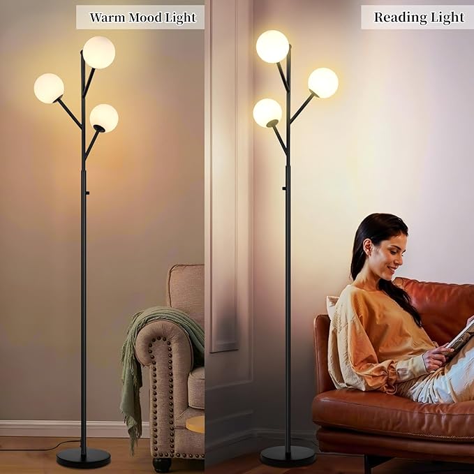 3-Globe Mid Century Modern Floor Lamp and Bulbs Included,70inch Tall Black Stand Lamp with Frosted Glass Shade for Living Room Office Bedroom, Study Room, Hotel, Dimmer Lighting (dimmer-Black)