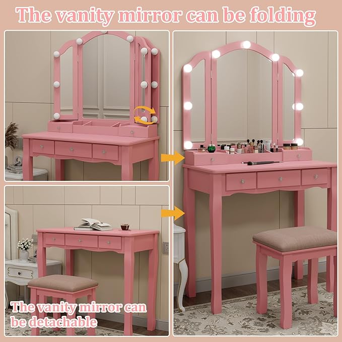 Pink Vanity Desk with Mirror and Lights for Girls Makeup Vanity Desk with Chair Vanity Table and Stool Set with 5 Storage Drawers 3 Colors Lighting Modes Tri Fold Vanity Mirror Lighted Vanity