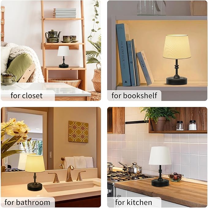 ONEWISH 2 Pack Small Cordless Lamp, Battery Operated Table lamp Dimmable, 4000mAh Rechargeable, Touch Bedside Lamp with White Fabric Shade, 2700K Bulb Included, for Dining, Patio, Bathroom(Black)