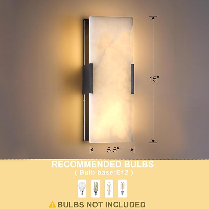 2 Light Natural Square Alabaster Marble Bathroom 15 Inch Wall Sconce Modern Concise Style Wall Light Fixtures,Dark Gray Finish for Bedroom Hallway Bedside Living Room