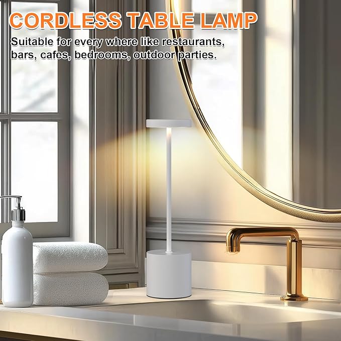 Rechargeable Table Lamp – 2 Pack Touch Lamps, Cordless Desk Lamp, 5000mAh Battery Operated Lamp with 3-Color Dimmable Light, Portable LED Lamp for Bedroom, Dining Room, Patio, Outdoor (White)