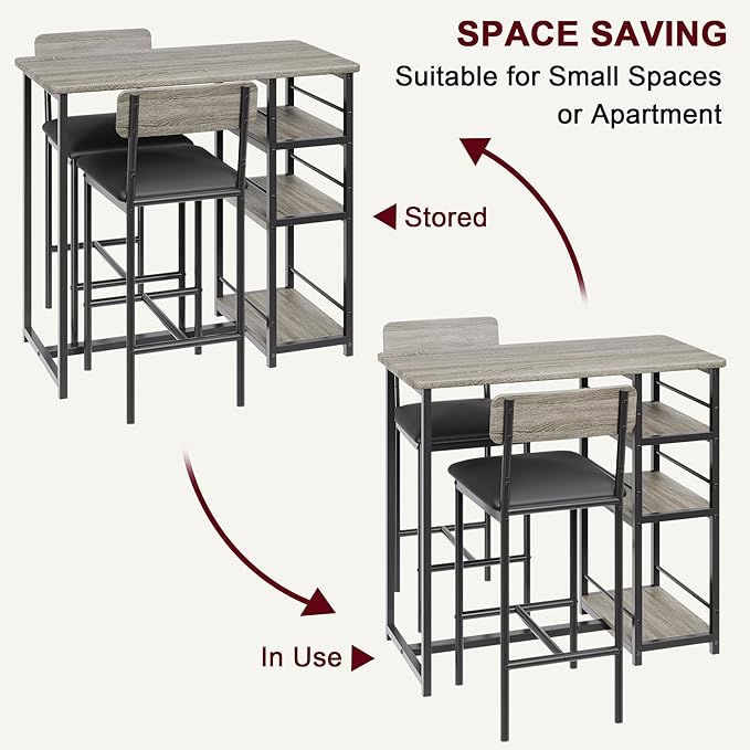 CABIHOME Dining Table Set for 2, Kitchen Table and Upholstered Chairs for 2, 3 Piece Counter Height Bar Table Set with 3 Large Storage Shelves for Small Space, Apartment, Studio, Rustic Gray