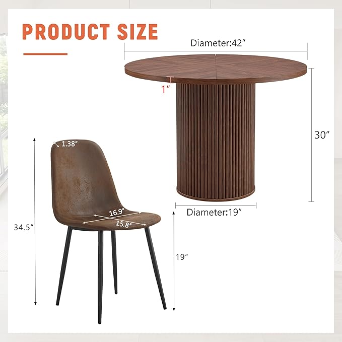 AZmac Round Dining Table Set for 6, Wooden Round Table 7-Piece with Modern Farmhouse Dining Table and 6 Suede Leather Chairs for Kitchen Dining Room, Walnut Table + 6 Brown Chairs