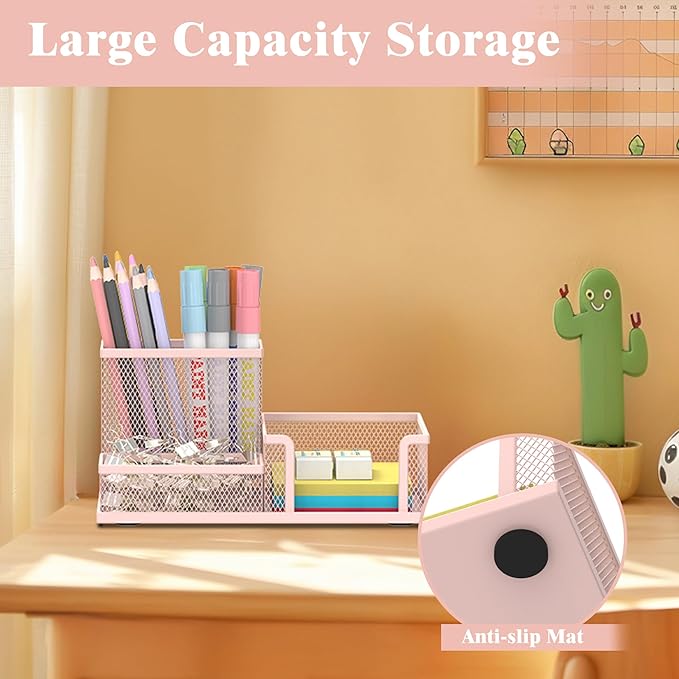 SUPEASY Mesh Pen Holder Desk Organizer, Office Supplies Pencil Storage with 3 Compartments, Office Desk Accessories and Workspace Organizers for Home School, Pink