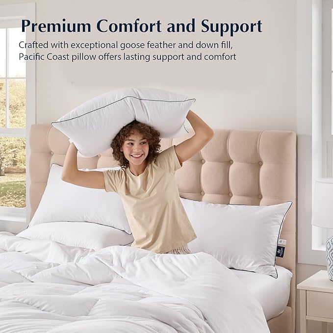 Pacific Coast Bed Pillow, Luxury Hotel Goose Feather and Down Firm Pillow for Sleeping with 100% Cotton Shell, Soft and Supportive