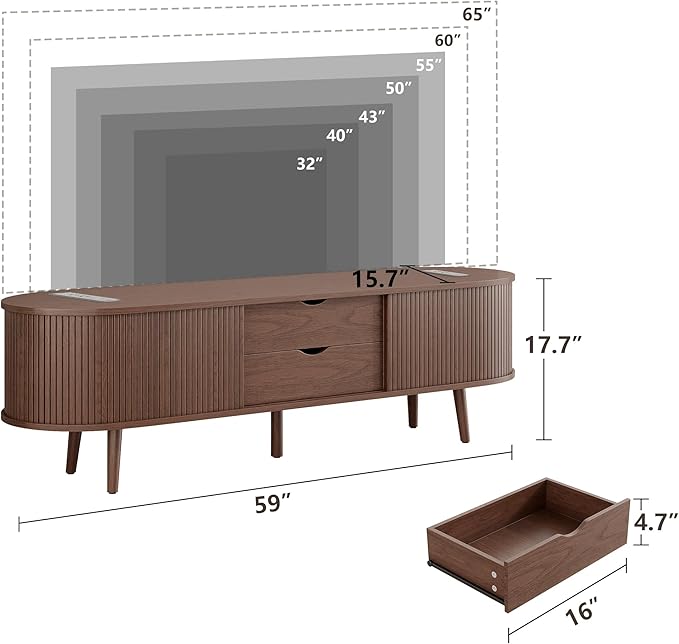 Alohappy 59" Mid Century Modern TV Stand with Charging Station, Curved Edge Fluted TV Media Console Table with Drawer and Shelf, Farmhouse Entertainment Center for Living Room, Bedroom, Walnut