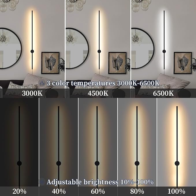 Dimmable Plug in Wall Sconce Set of 2,Black 39.37" LED Wall Light with Remote,Adjustable Color Temperature Brightness,Wall lamp with Timer for Living Room,Bedroom and Accent Lighting