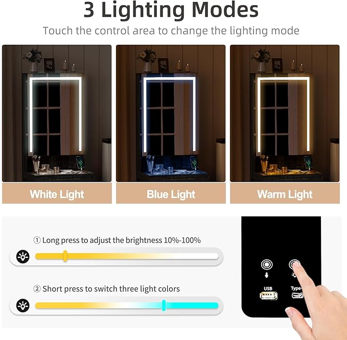 Makeup Vanity Desk with Mirror and Lights,Small Vanity Desk Set with Charging Station & Glass Top,Compact Dressing Table with Jewelry Cabinet & Storage Wheel Stool for Bedroom, Rustic Brown