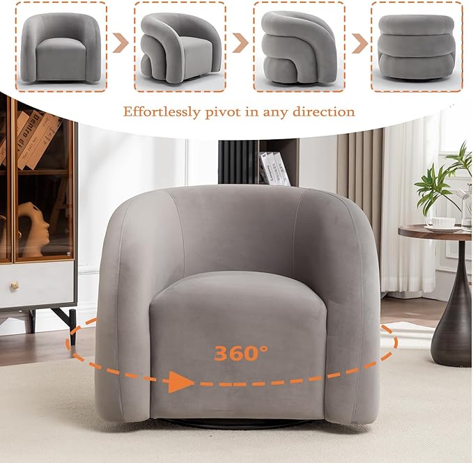 34.6" Velvet Swivel Accent Chair, Modern Round Armchair for Living Room,Upholstered Comfy Sofa Barrel Chairs for Bedroom Reading Apartment Lounge,Fully Assembled(Grey)