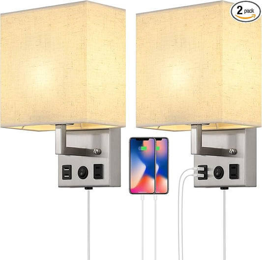 Black Wall Sconces Set of Two, Bedside Wall Lights for Bedroom, Plug in Wall Sconce with USB Ports and Outlets, Modern Wall Lamp for Mirror Kitchen Living Room Hallway, E26 Base (LED Bulbs Included)