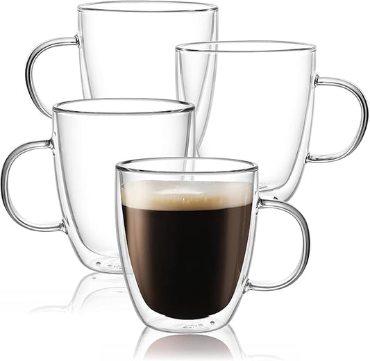 CNGLASS Large Glass Coffee Mugs 17oz,Double Walled Insulated Clear Coffee Cups with Handle,Clear Espresso Mugs for Cappuccino,Latte,Tea Bags,Hot and Cold Beverages,Set of 4