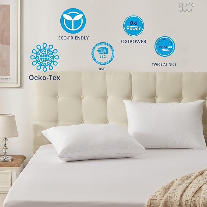 puredown® Goose Feather Down Sleeping Pillows Soft Bed Pillows for Sleeping with 100% Cotton Shell Set of 2 King Size