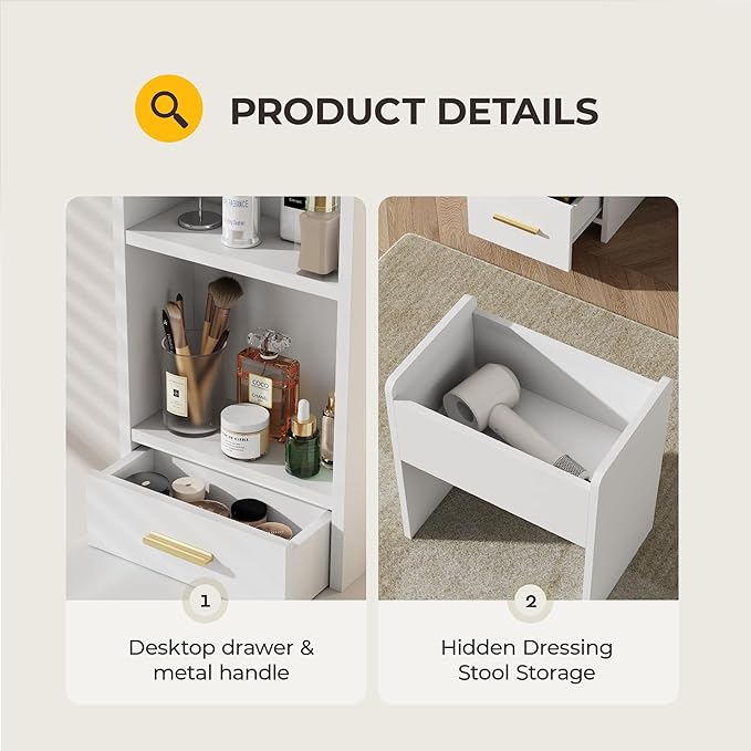 Vanity Desk with Mirror and Lights, 3 Lighting Colors and Power Outlet Makeup Vanity Desk with 5 Large Drawers and 3 Storage Shelves, White Vanity with Storage Stool for Bedroom