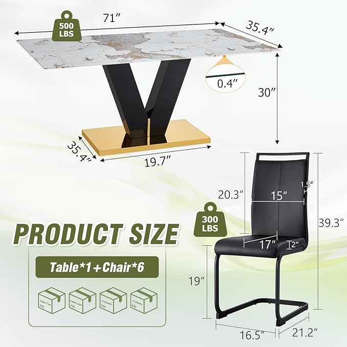 71'' Dining Table Set for 6,Modern Dining Room Table Set for 6,Marble Dining Table with 6 PU Leather Dining Chairs,Gold Dining Room Table with Glossy V-Shaped Base Ideal for Kitchen