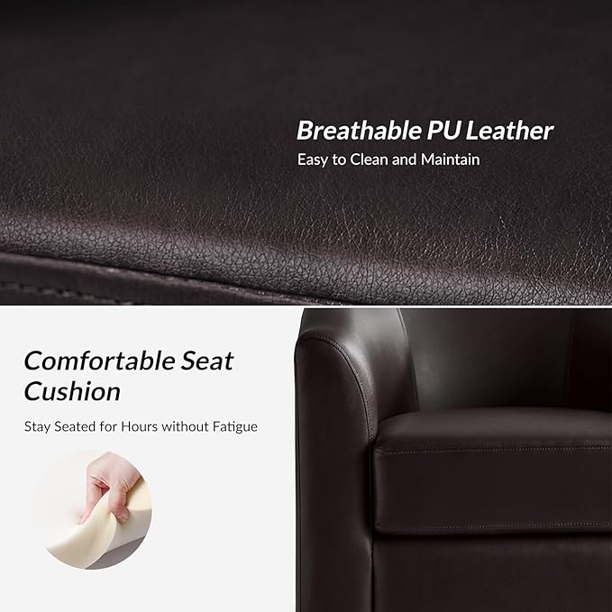 HULALA HOME Faux Leather Swivel Accent Chair with Solid Wood Base, Round Swivel Barrel Chair for Living Room and Bedroom, Brown