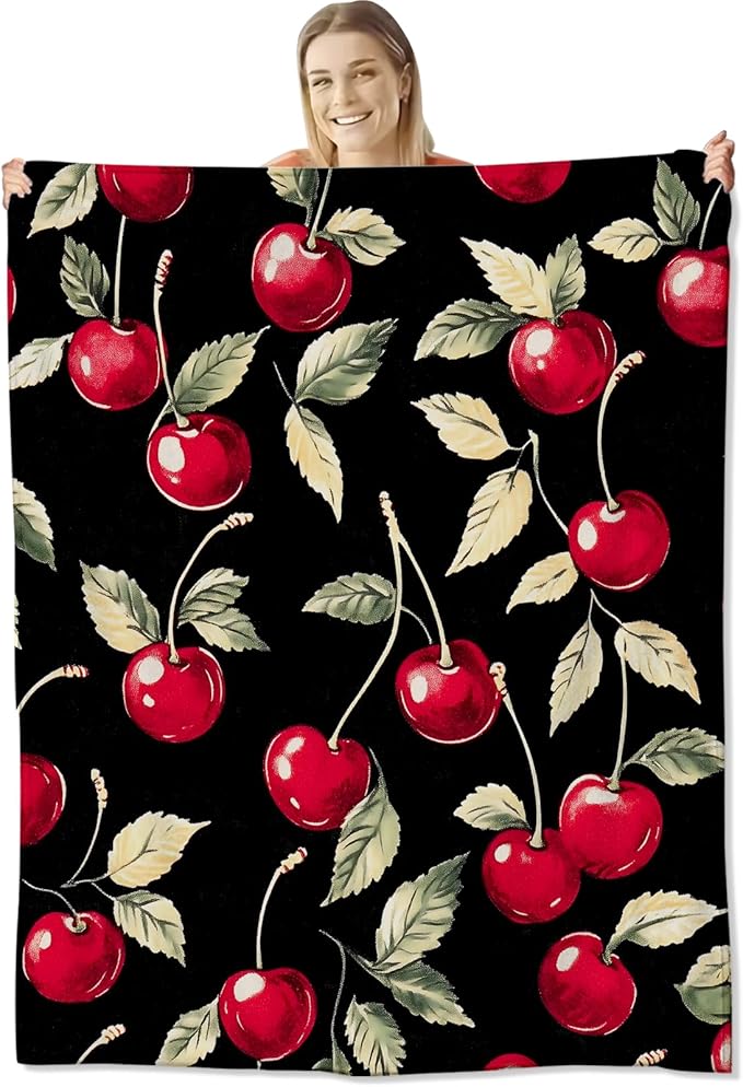 Cherry Blanket for Women Adults, Flannel Cherry Blankets Gifts, Cherry Throw Blanket for Sofa Bed Living Room Soft Warm Cozy Cherry Decor 50" x 60"