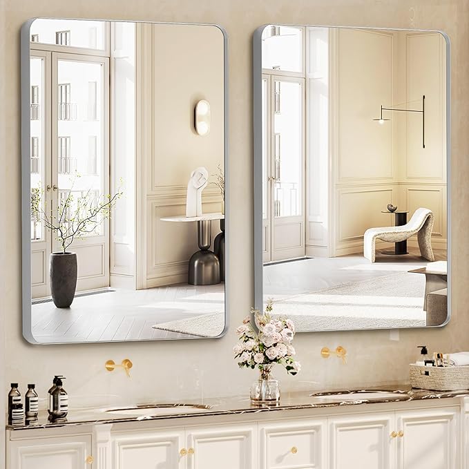 Bathroom Mirrors for Over Sink,2Pcs 24x36Inch Vanity Mirrors for Wall,Silver Metal Frame Rectangle Mirrors for Bathroom, Farmhouse,Restroom,Hangs Horizontally or Vertically