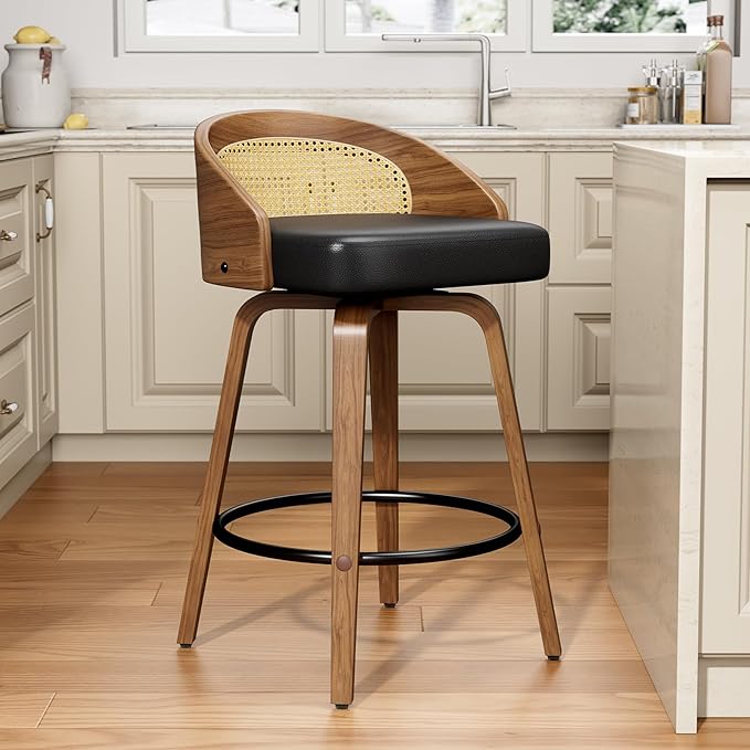 Rattan Bar Stools Set of 1, 26" Swivel Counter Height Bentwood Barstool, Mid-Century Modern PU Leather Upholstered Bar Chair with Back and Footrest, for Kitchen Island, Bar, Dining Room, Cafe
