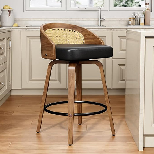 Rattan Bar Stools Set of 1, 26" Swivel Counter Height Bentwood Barstool, Mid-Century Modern PU Leather Upholstered Bar Chair with Back and Footrest, for Kitchen Island, Bar, Dining Room, Cafe