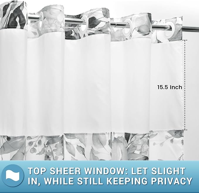 No Hook Shower Curtain with Snap in Liner - Eucalyptus Shower Curtain - Washable Waterproof Inner Liner, Plants Grey Leaves Modern Shower Curtains - Machine Washable, 71 x 80