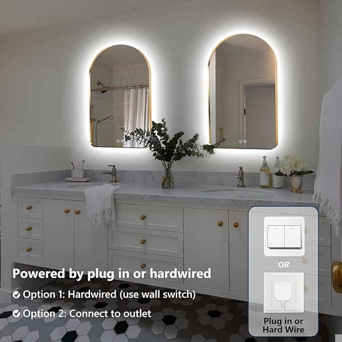 Niccy Arched LED Lighted Bathroom Mirror, 40x30 Inch Backlit Vanity Bathroom Mirror with Lights Brushed Gold Framed Wall Mounted Mirrors with 3 Color Shatterproof Arch Smart Fog Free Mirror