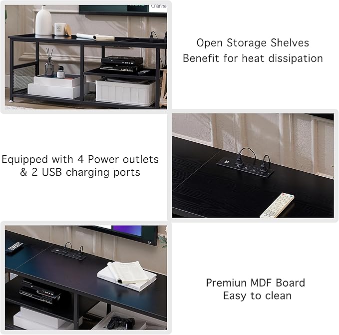 VECELO TV Stand with Power Outlets for Televisions up to 65Inch, 55" Media Entertainment Center with Charging Station 3-Tier Open Storage Shelves with Metal Frame for Living Room/Bedroom，Black