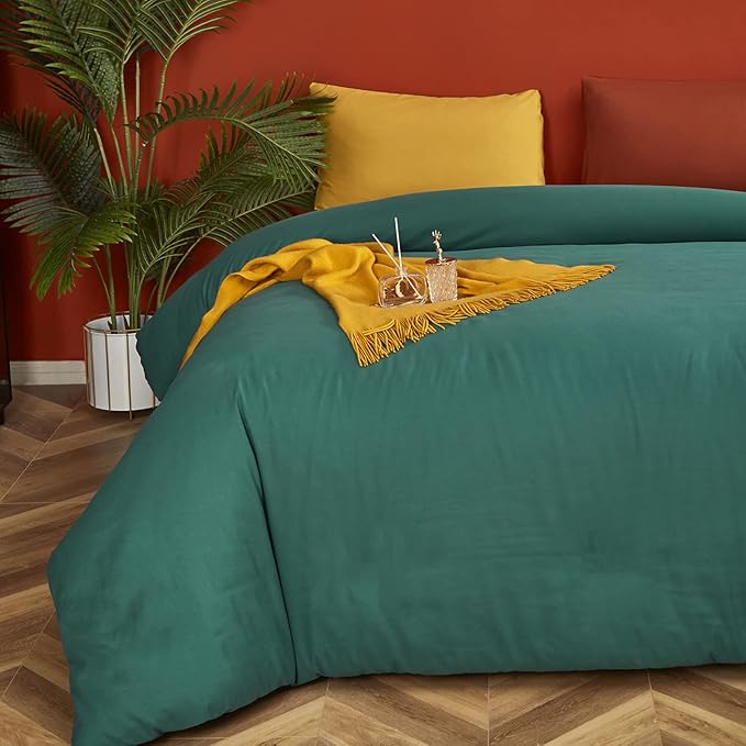 Luxlovery Emerald Green Comforter Set Full Dark Green Bedding Comforter Set Full Modern Solid Forest Green Cotton Blanket Quilts Cozy Soft Breathable 1 Comforter with 2 Yellow/Caramel Pillowcases